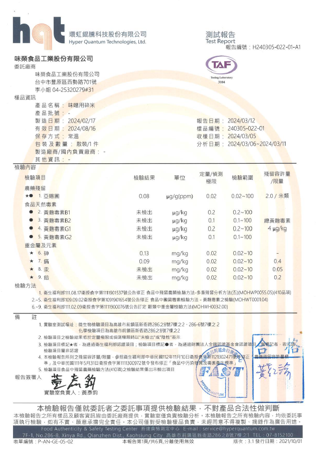 味噌用碎米(農糧署)檢驗農藥殘留、黃麴毒素、重金屬